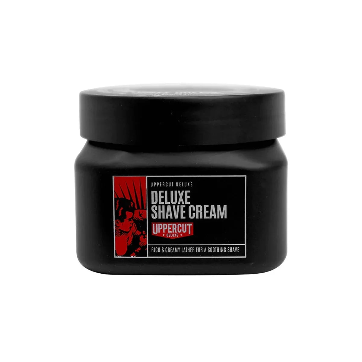 Pot de crème à raser Uppercut Deluxe, noir avec étiquette rouge et blanche