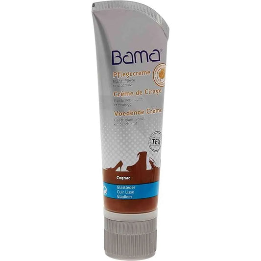 Tube de crème de cirage Bama teinte Cognac pour l'entretien du cuir lisse, format 75ml avec applicateur