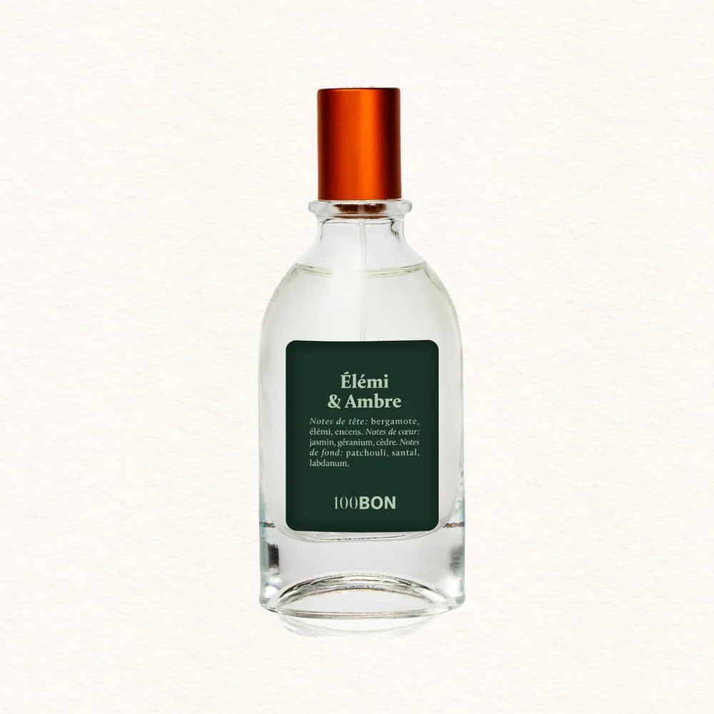 Flacon en verre de l'eau de cologne intense 100BON Élémi & Ambre, bouchon orange et étiquette verte