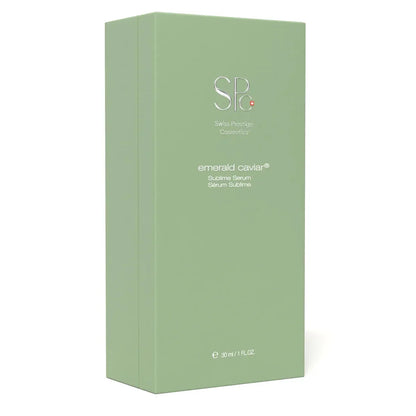 Emerald Caviar Sublime Serum Swiss Prestige Cosmetics - Sérum anti-âge luxe au caviar vert 30ml - Packaging vert émeraude