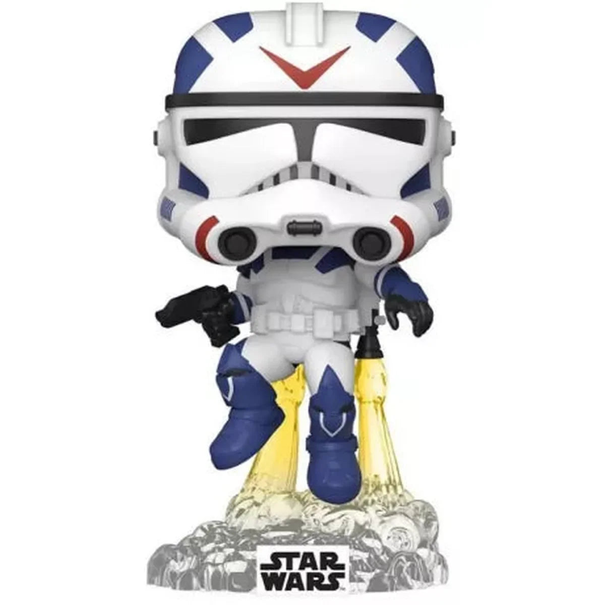 Figurine Funko Pop 643 Star Wars Jet Trooper Gamestop Exclusive avec jetpack en vol, sur socle Star Wars, idéale pour collection de fans.