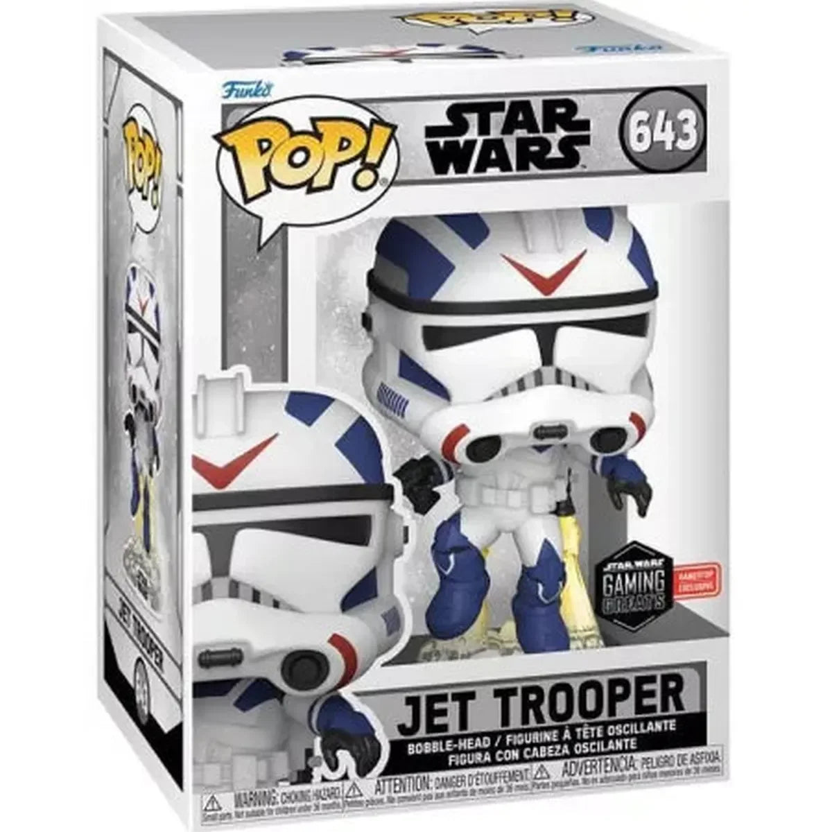 Figurine Funko Pop 643 Star Wars Jet Trooper GameStop Exclusive en boîte, design blanc et bleu avec casque détaillé. Édition limitée pour collectionneurs.
