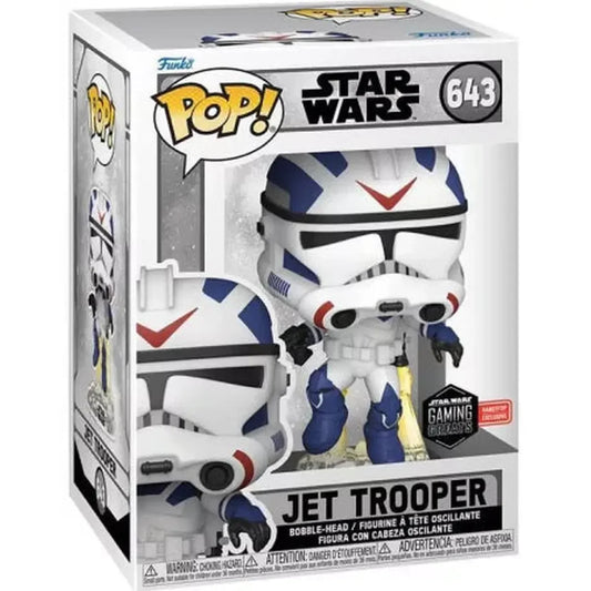 Figurine Funko Pop 643 Star Wars Jet Trooper GameStop Exclusive en boîte, design blanc et bleu avec casque détaillé. Édition limitée pour collectionneurs.
