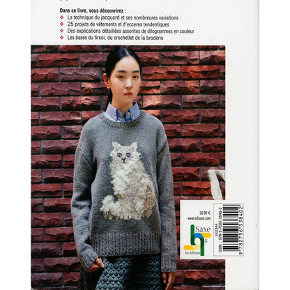 Dos du livre Tricot jacquard, avec un modèle de pull et la présentation de l’ouvrage