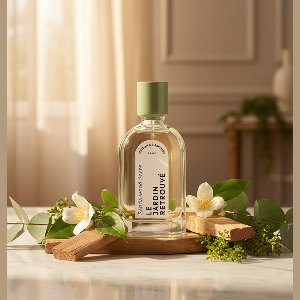 Eau de parfum Sandalwood Sacré Le Jardin Retrouvé flacon 50 ml bouchon vert santal