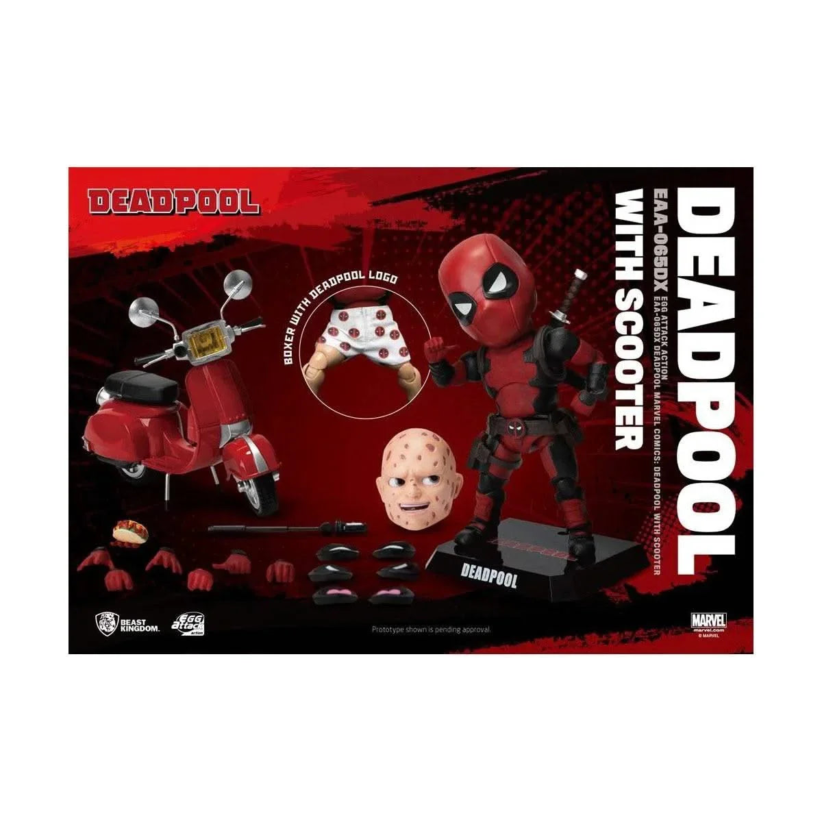 Marvel Comics Egg Attack Action Figurine Deadpool Deluxe avec scooter. Figurine articulée de 15 cm avec accessoires, têtes interchangeables et vêtements en tissu.