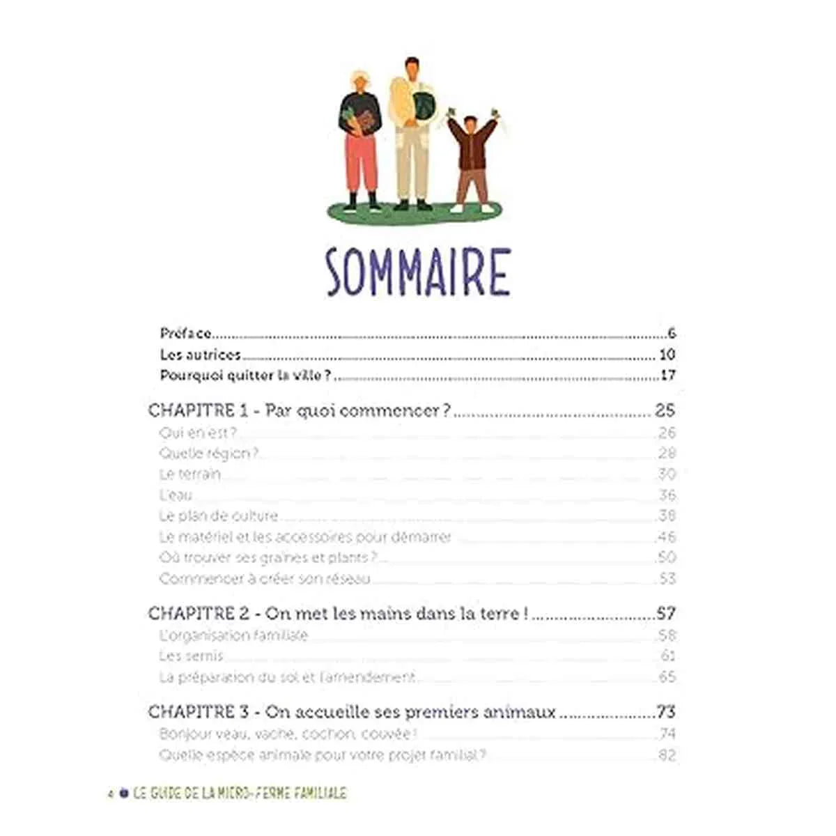 Page de sommaire du livre "Le guide de la micro-ferme familiale", comprenant les titres de chapitres et sections, avec une illustration de famille cultivant