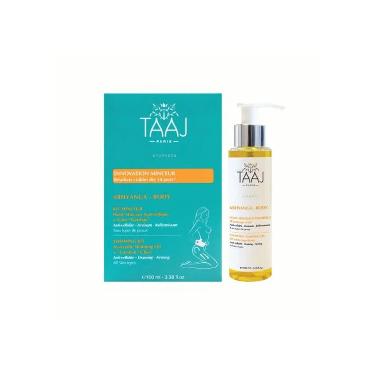 TAAJ KIT Minceur Huile Minceur Ayurvédique + Gant Garshan .Draine & Raffermit la Peau |