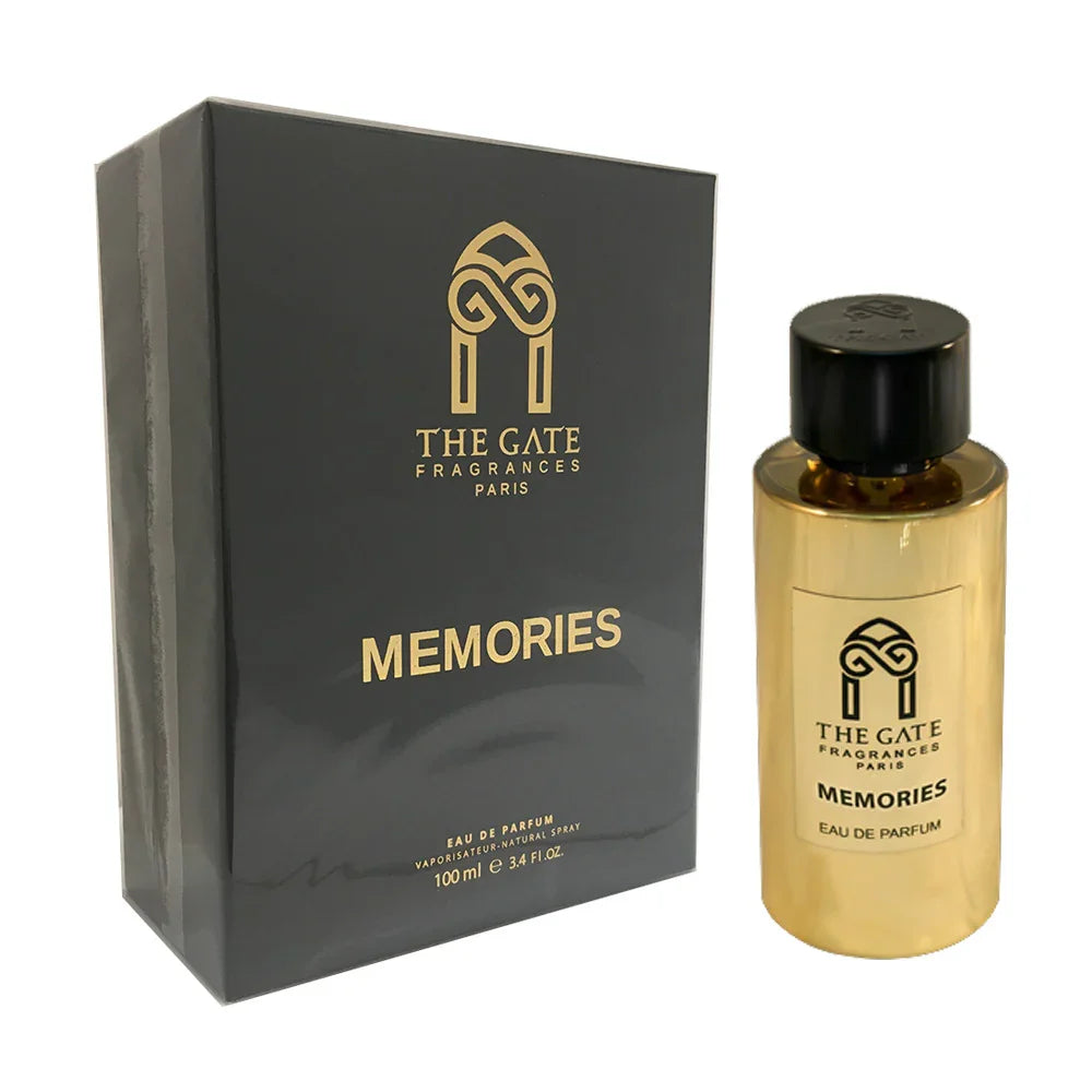 Flacon et coffret du parfum Memories by The Gate Fragrances Paris – Eau de parfum mixte 100 ml, parfum de niche élégant doré et noir