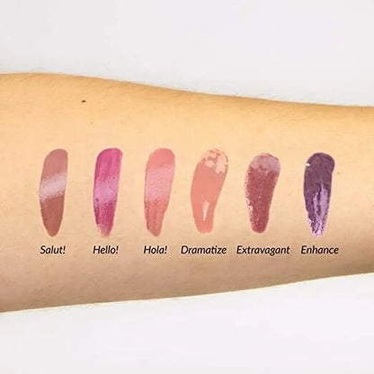 Swatches de six teintes de gloss à lèvres sur un avant-bras, avec noms : Salut!, Hello!, Hola!, Dramatize, Extravagant, Enhance.