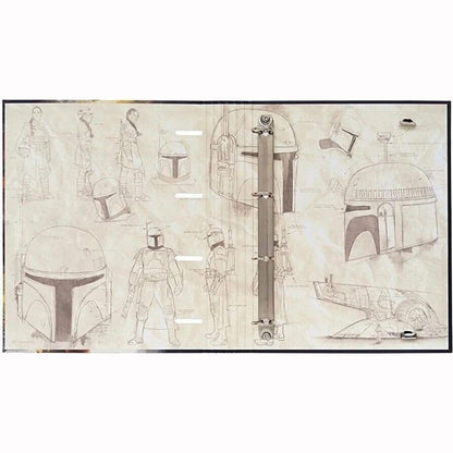 Intérieur classeur Star Wars The Book of Boba Fett — croquis concept art casque et armure Boba Fett, mécanisme 4 anneaux métalliques