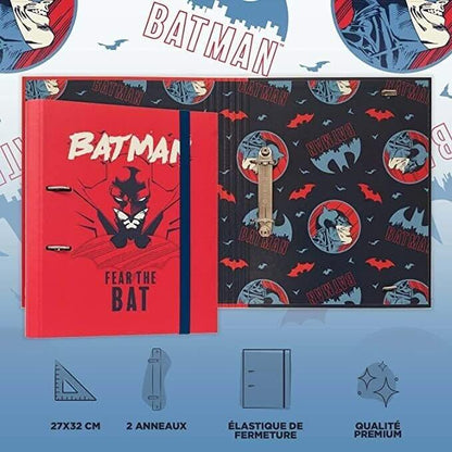 Classeur A4 Batman Fear The Bat DC Comics ouvert — couverture rouge avec Batman, intérieur motif chauves-souris, dimensions 27x32 cm, élastique bleu marine