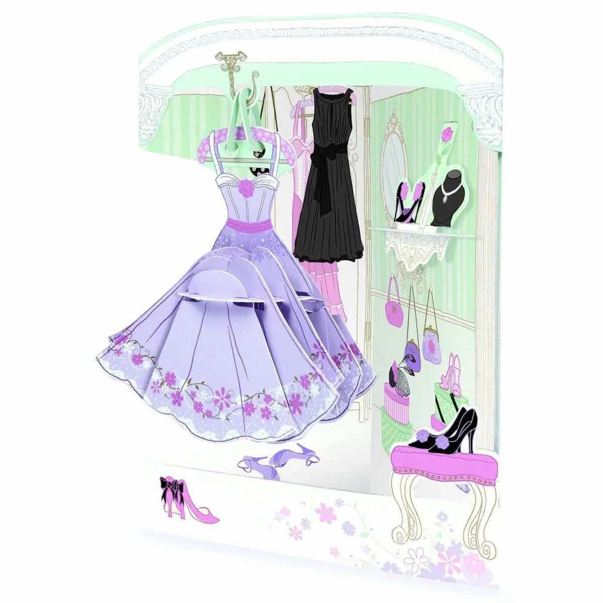 Carte de vœux 3D Santoro Dressing élégante et raffinée à assembler, représentant un dressing avec robes et accessoires en relief.