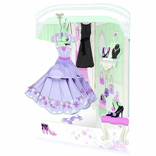 Carte de vœux 3D Santoro Dressing élégante et raffinée à assembler, représentant un dressing avec robes et accessoires en relief.