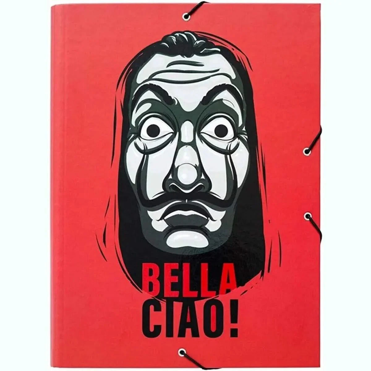 
Illustration d'une couverture rouge avec un masque traditionnel noir et blanc et le texte "BELLA CIAO!" en rouge
