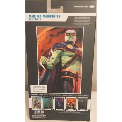 Dos emballage figurine McFarlane Toys DC Multiverse Martian Manhunter DC Rebirth 18cm — illustration personnage, 22 points articulation, socle et art card inclus