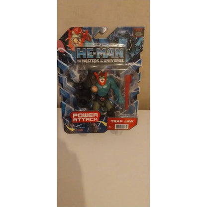 Figurine Trap Jaw Dentos He-Man and the Masters of the Universe Mattel — personnage vert et orange articulé Power Attack 14 cm dans emballage bleu, 4 ans+