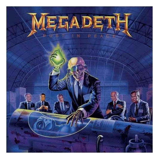 Illustration de la couverture de l'album "Rust in Peace" de Megadeth, montrant une figure squelettique tenant un globe lumineux, entourée d'hommes en costume dans un cadre futuriste.