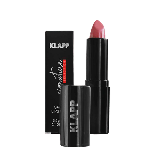 Rouge à lèvres satiné Klapp Signature Selection teinte 03 Mauve Mysterious – bullet mauve rosé avec packaging noir mat et boîte Klapp Signature 3,5g