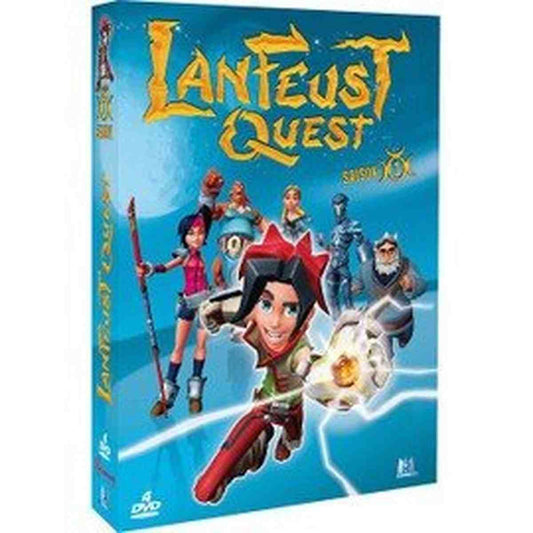 Coffret DVD de Lanfeust Quest - Saison 1 : Illustration de la couverture montrant Lanfeust, armé de son épée magique, et accompagné de ses compagnons, dont Hébus le troll. L'image met en avant un paysage magique inspiré de l'univers de Troy, avec des créatures fantastiques et des éléments de fantasy, représentant parfaitement l'aventure épique et l'humour de la série animée.