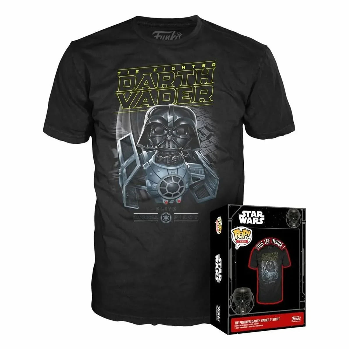 
T-shirt noir avec une impression de Dark Vador de Star Wars, accompagné d'une boîte d'emballage Funko Pop. L'image montre le design graphique du personnage en détail sur le devant du t-shirt.